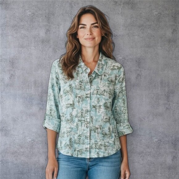 ANTHROPOLOGIE ODILLE TOILE SCENERY SWISS DOT SHIRT - Picture 1 of 5
